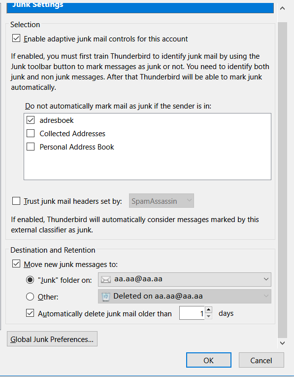 Thunderbird Junk/scam/spam mailbox instellen.
